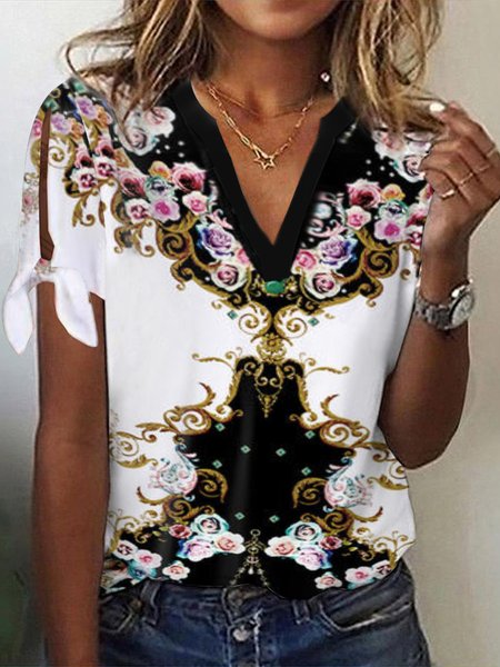 

Knitted V Neck Casual Ethnic Shirt, Black, Shirts & Blouses