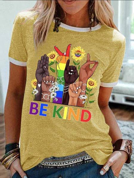 

Women's Funny LGBTQ Pride Month Be Kind Graphic Printing Casual Crew Neck Cotton-Blend Text Letters T-Shirt, Yellow, T-shirts