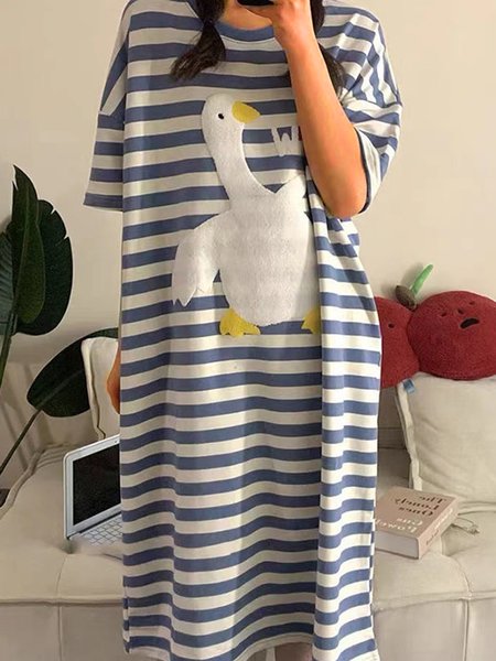 

Breathable Comfortable Blue&White Striped Animal Pattern Loose Nightdress, White-blue, Loungewear & Sleepwear