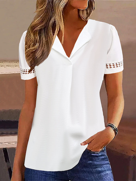 

Women Plain V Neck Hollow Out Lace Short Sleeve Tunic Top, White, Tunics