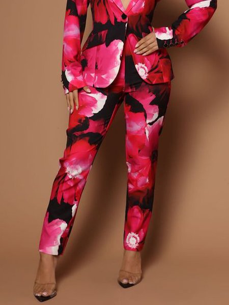 

Floral Regular Fit Urban Fashion Pants, Red-black, Pants