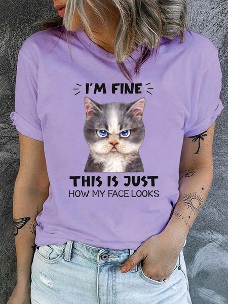 

Women's Casual Cotton I’m fine This Is Just How My Face Looks Grumpy Kitty Cat Funny Cat T-Shirt, Purple, T-shirts