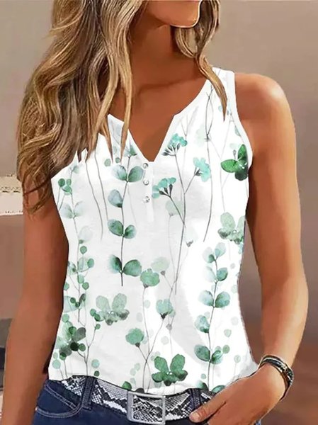 

JFN Casual Floral Loose Cotton-blend Tank Top, Green, Tanks & Camis