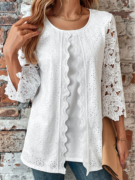 

Crew Neck Loose Lace Elegant Shirt, White, Shirts & Blouses