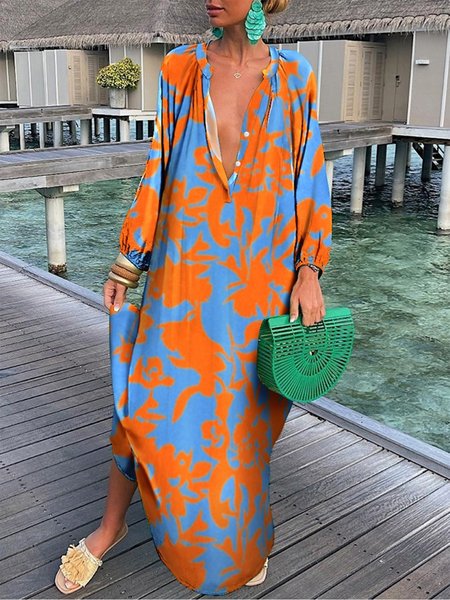 

Vacation V Neck Loose Color Block Dress, As picture, Maxi Dresses