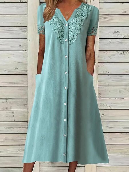 

Split Joint Casual Loose V Neck Dress, Green, Casual Dresses