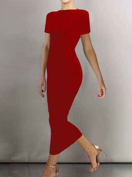 

Tight Elegant Boat Neck Plain Midi Dress With No Belt, Red, Midi Dresses