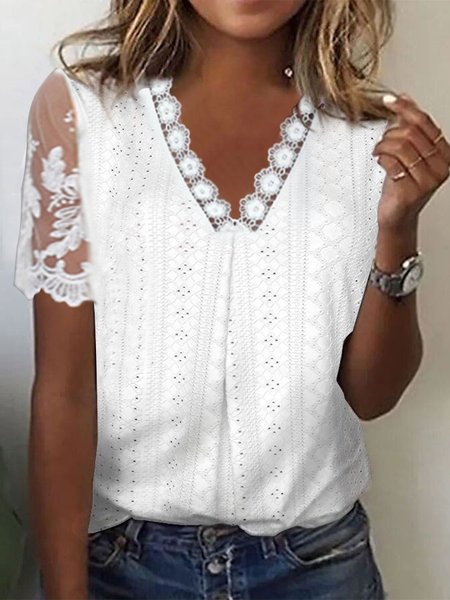 

Knitted Lace Edge Casual Shirt, White, Shirts & Blouses