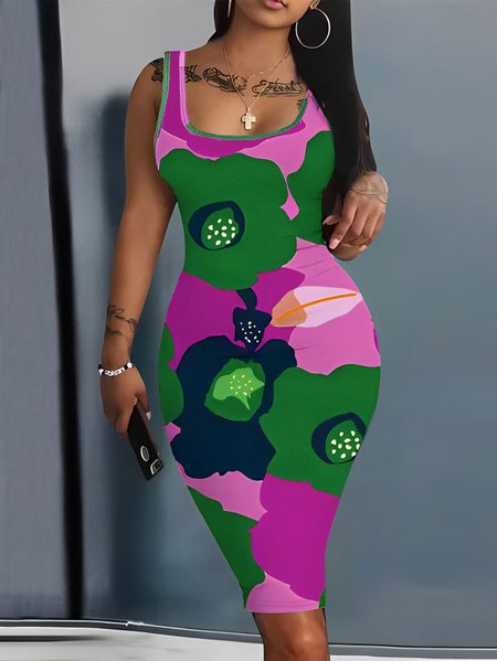 

Floral Tight Casual Mini Dress With No Belt, As picture, Mini Dresses
