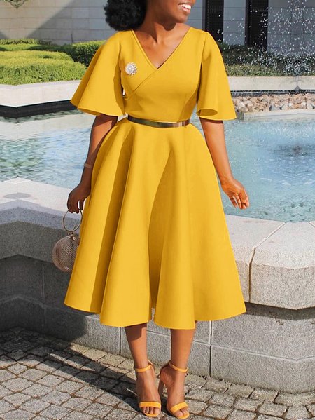 

Elegant Plain Regular Fit V Neck Dress, Yellow, Midi Dresses