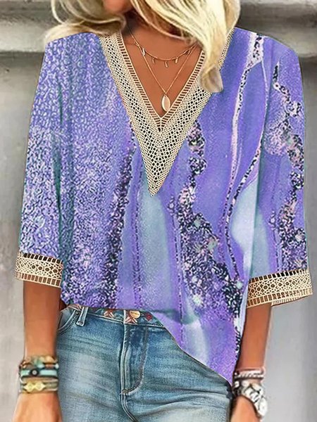 

Loose Random Print V Neck Casual Shirt, Blue, Shirts & Blouses