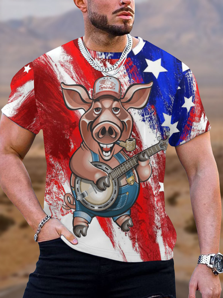 

Men's Funny Guitar Pig Independence Day American Flag Graphic Printing Casual America Flag Crew Neck Loose T-Shirt, As picture, T-shirts