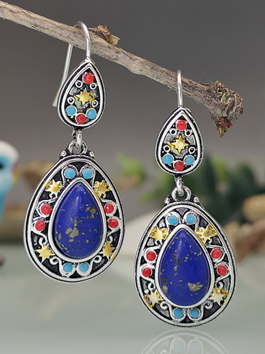 

Ethnic Style Blue Crystal Enamel Pendant Earrings Retro Casual Women's Jewelry, As picture, Earrings