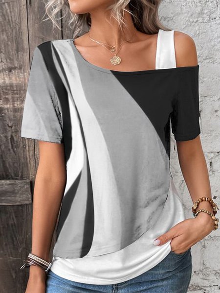 

Color Block One Shoulder Loose Casual T-Shirt, Black-white, T-Shirts