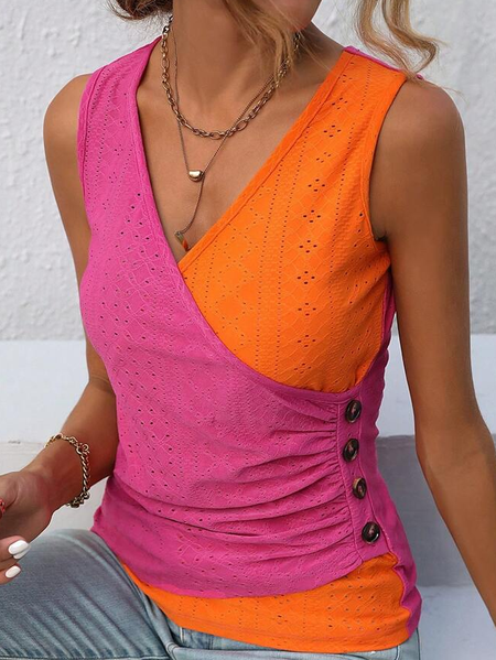 

Regular Fit Color Block Casual V Neck Tank Top, Pink, Tanks & Camis