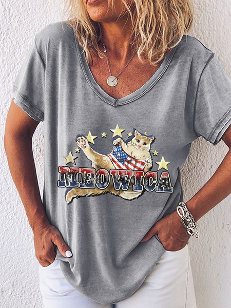 

Women's Cute Meowica Cat 4th Of July T-Shirt, Gray, T-shirts