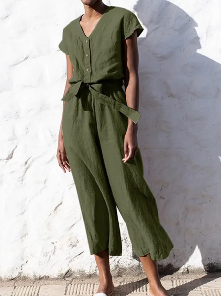 

Cotton-Blend Linen Loose Plain Jumpsuit, Green, Jumpsuits＆Rompers
