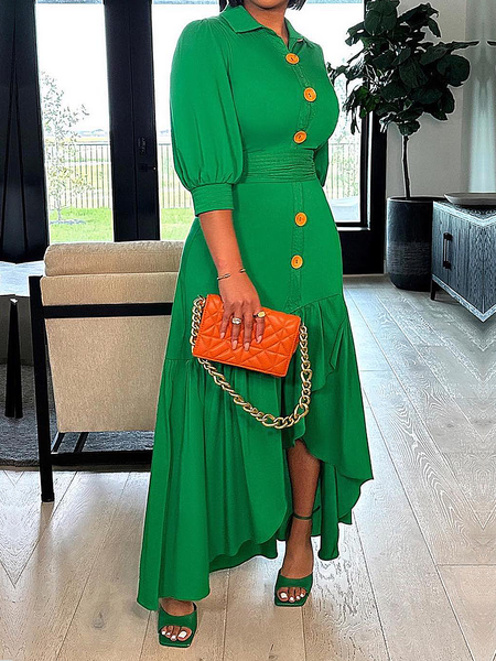 

Shirt Collar Lightweight Plain Elegant Regular Fit Maxi Dress With Belt, Green, Maxi Dresses
