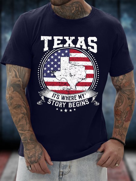 

Men's Texas It'S Where My Story Being Graphic Printing Casual Loose Text Letters Cotton T-Shirt, Purplish blue, T-shirts