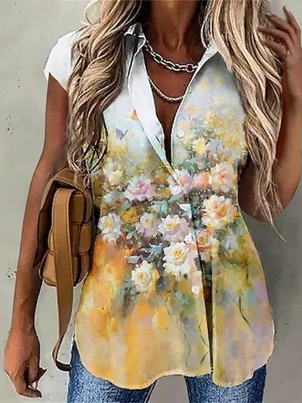 

Floral Shirt Collar Casual Loose Blouse, White, Shirts & Blouses