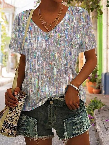 

Abstract Casual V Neck Loose T-Shirt, Multicolor, T-shirts