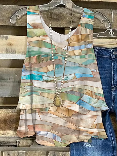 

Crew Neck Color Block Loose Casual Tank Top, Khaki, Tanks & Camis