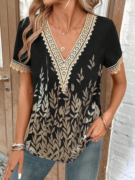 

Lace Knitted Casual V Neck Leaf Shirt, Khaki, Shirts & Blouses