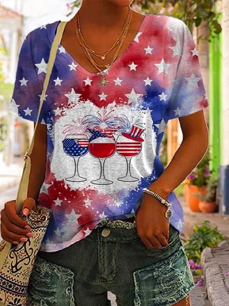 

Loose America Flag Casual V Neck Women'S Star Wine Glass Print V-Neck Short-Sleeved T-Shirt, Red, T-Shirts