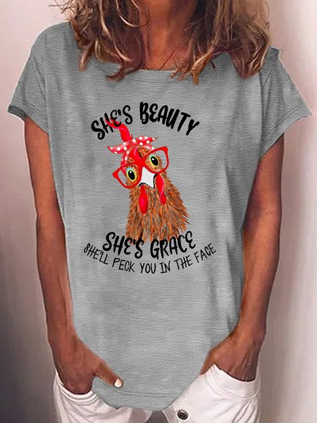 Women's She's Beauty She's Grace She'll Peck You In The Face Chicken Casual Crew Neck T-Shirt, Gray, T-shirts
