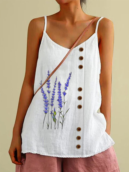 

Spaghetti Casual Loose Floral Tank Top, White, Tanks & Camis