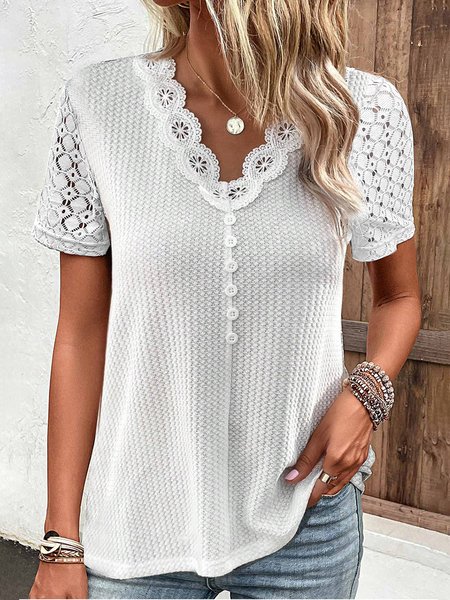 

Simple Regular Fit Lace T-Shirt, White, T-Shirts