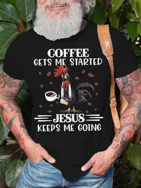 

Men's Cotton Coffee Gets Me Started Jesus keeps Me Going Chicken Letters Casual T-Shirt, Black, T-shirts