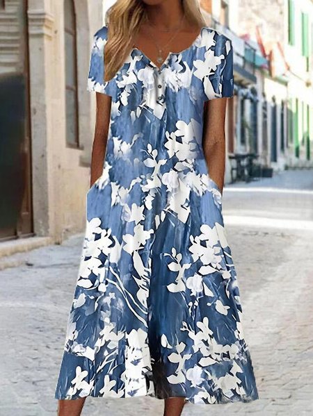 

Floral Crew Neck Loose Casual Dress, Blue, Casual Dresses