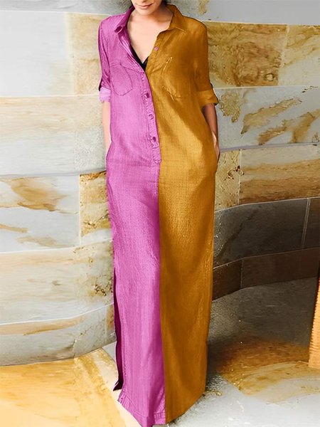 

Casual Color Block Shirt Collar Maxi Dress With No Belt, Deep pink, Maxi Dresses
