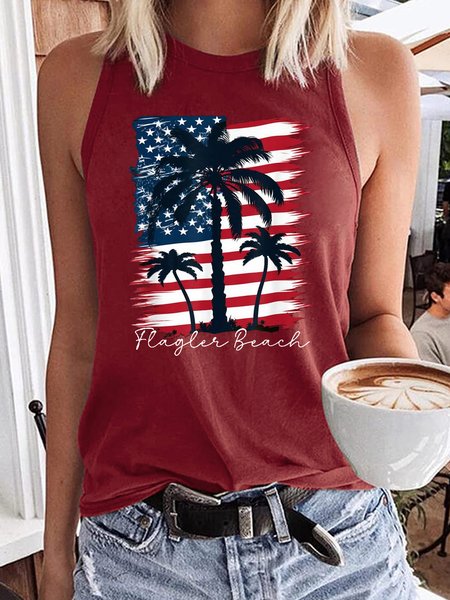 

Women's Flagler Beach Patriotic American Flag Palm Trees Casual Tank Top, Red, Tank Tops