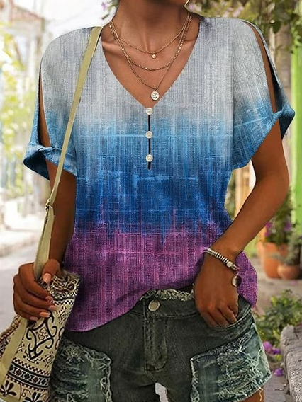 

Casual Loose V Neck Ombre Shirt, Blue, Shirts & Blouses