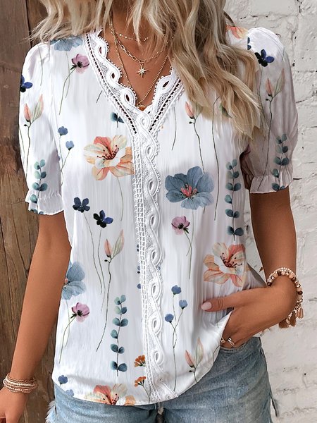 

V Neck Casual Floral Lace Shirt, White, Shirts & Blouses
