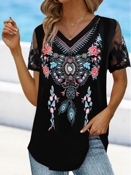 

Casual V Neck Lace Ethnic T-Shirt, Black, T-Shirts