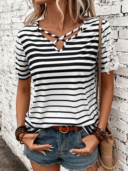 

V Neck Casual Lace Striped T-Shirt, White, T-Shirts