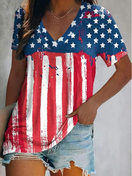 

Geometric Loose Casual V Neck T-Shirt, Red, T-Shirts