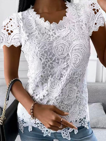 

Floral Lace Elegant Crew Neck Shirt, White, Shirts & Blouses