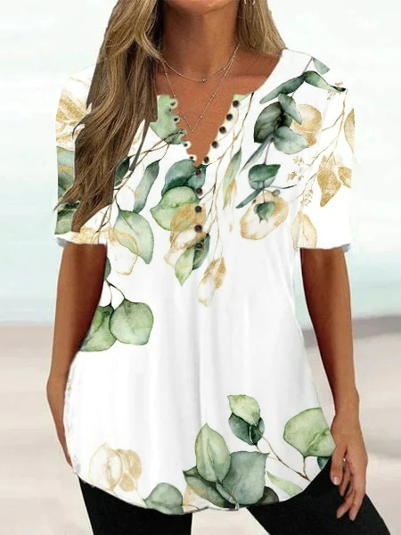 

Loose Floral Casual V Neck Shirt, White, Shirts & Blouses