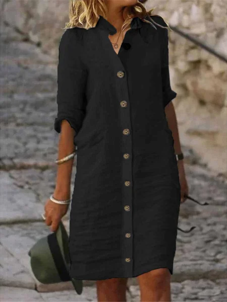 

Women Casual Loose Three Quarter Sleeve Button Down Shirt Collar Plain Cotton and Linen Shirt Dress, Black, Mini Dresses