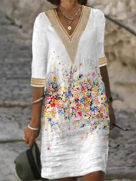 

Lace Casual Loose V Neck Floral Dress, White, Dresses
