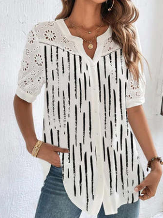 

Casual V Neck Loose Geometric Blouse, White, Shirts & Blouses