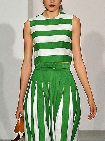 

Regular Fit Striped Casual Crew Neck Tank Top, Green, Tanks and Camis