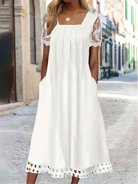 

Lace Casual Plain Square Neck Dress, White, Formal Dresses