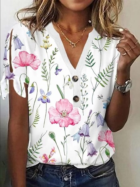 

V Neck Loose Casual Floral T-Shirt, White, T-Shirts