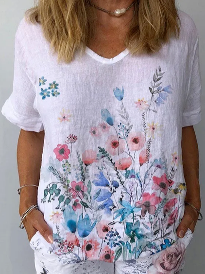 

Linen Floral Loose V Neck Shirt, White, Shirts & Blouses
