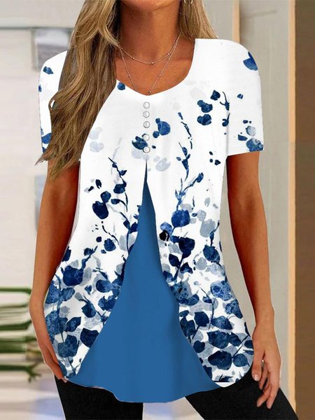 

Buttoned Casual Floral Mock Two-Piece Shirt, Blue, Shirts & Blouses